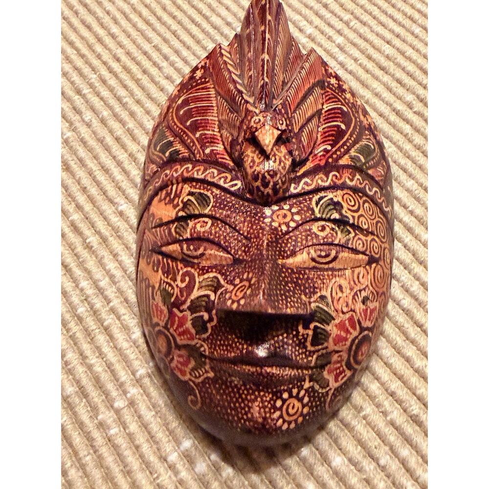 Java Batik Wood Mask Brown Indonesia Hand Carved Painted Wall Art Decor 5.25"x4"